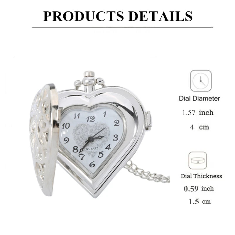 Romantic Silver Heart Shape Design Necklace Pendant Exquisite Quartz Pocket Watch FashionGift Fashion Clock For Female Ladies
