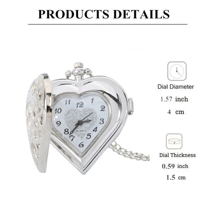 Romantic Silver Heart Shape Design Necklace Pendant Exquisite Quartz Pocket Watch FashionGift Fashion Clock For Female Ladies