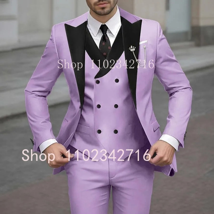 New Classic Beige Single Breasted Suits For Men Black Lapel Slim Fit Wedding Suit Groomsmen Formal Prom Party Suits 3 Piece Sets