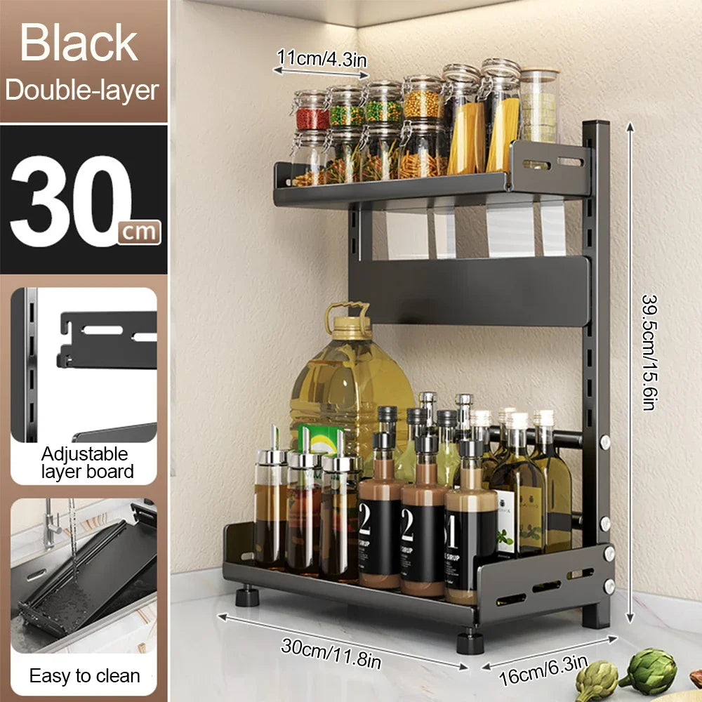 3 Tier Spice Storage Rack for Countertop Adjustable Spice Organization For Cabinet Kitchen Organizer Metal Shelf Black
