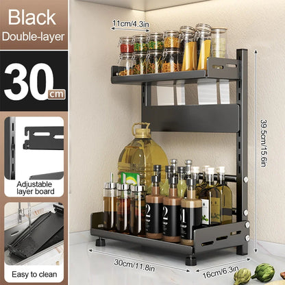 3 Tier Spice Storage Rack for Countertop Adjustable Spice Organization For Cabinet Kitchen Organizer Metal Shelf Black