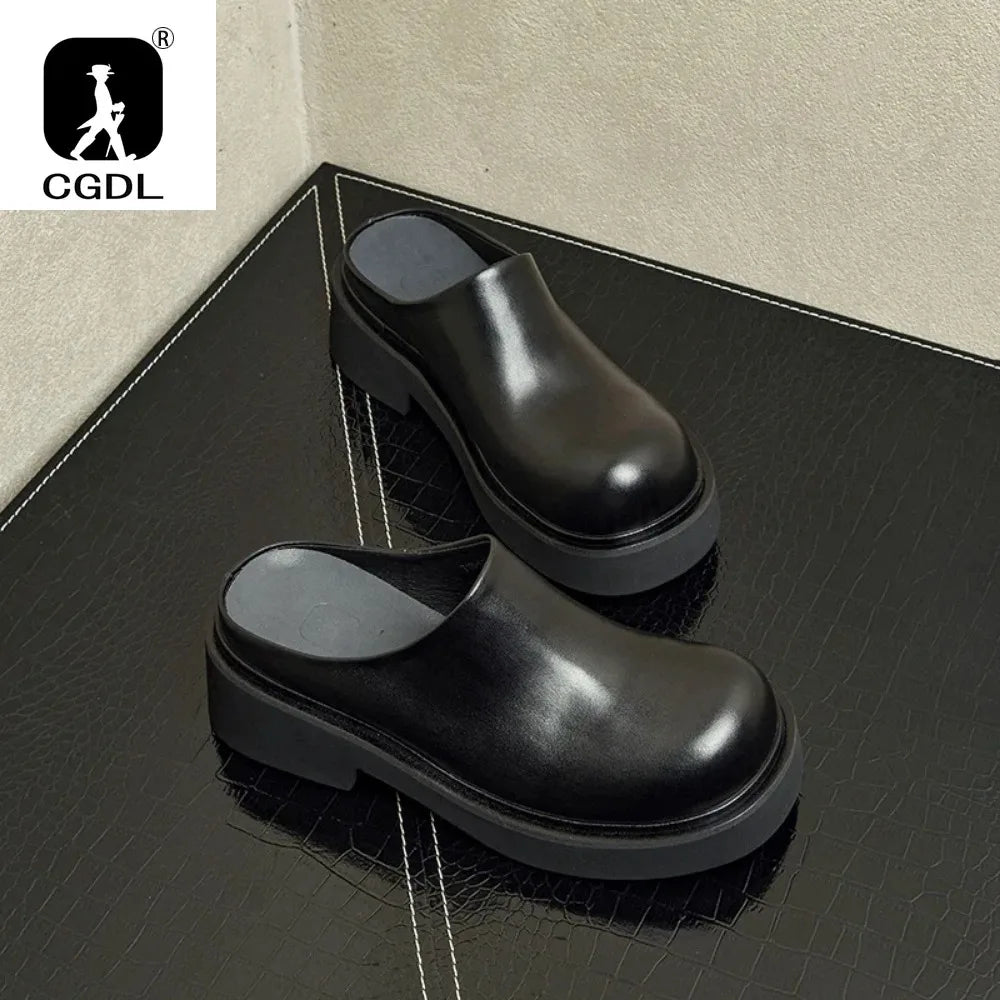2024 Summer Mens Platform Business Half Shoes Luxury Genuine Leather 6 Cm High Heels Outdoor Social Party Slippers Sandals Man