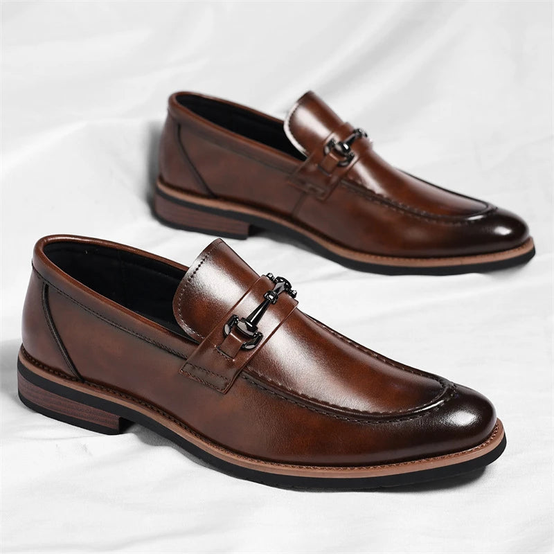 Mens Brown Burnished Genuine Leather Horsebit Loafers Slip On Formal Business Office Wedding Groom Daily Wear Shoes Simple New