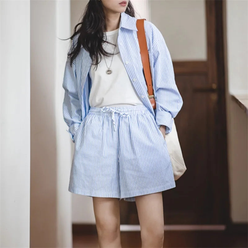 Maden Women's Blue White Striped Shirt and Shorts Sets Loose Casual French Classic Summer Suit Elegant Matching Two Piece Set