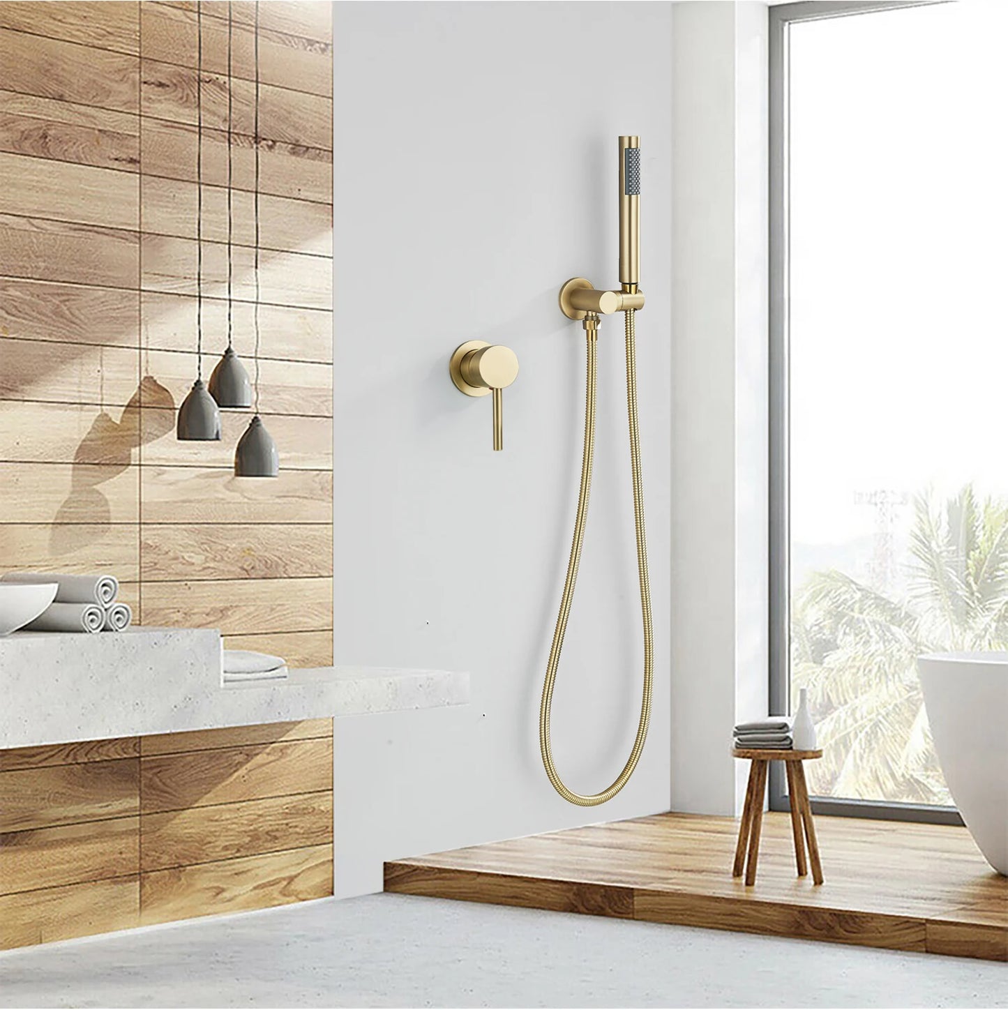 Brushed Gold Handheld Shower Bathroom Shower Faucet Hot & Cold Water Tap Brass Shower Holder 1.5M Hose Brass Shower Valve