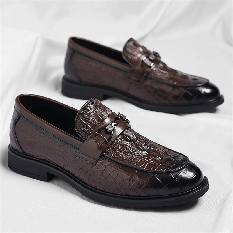 Mens Black Crocodile Embossed Leather Loafers With Metal Horsebit Buckle Thick Sole Formal Business Wedding Party Dress Shoes