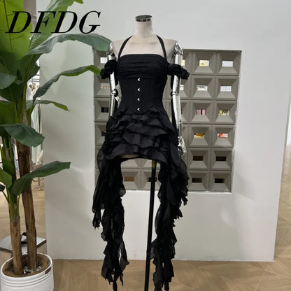DFDG Hanging Neck High-quality Long Skirt Irregular Design Solid Color 2025 Summer New Women's Waist Cinching Slimming Dress