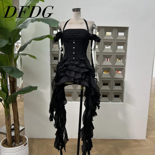 DFDG Hanging Neck High-quality Long Skirt Irregular Design Solid Color 2025 Summer New Women's Waist Cinching Slimming Dress