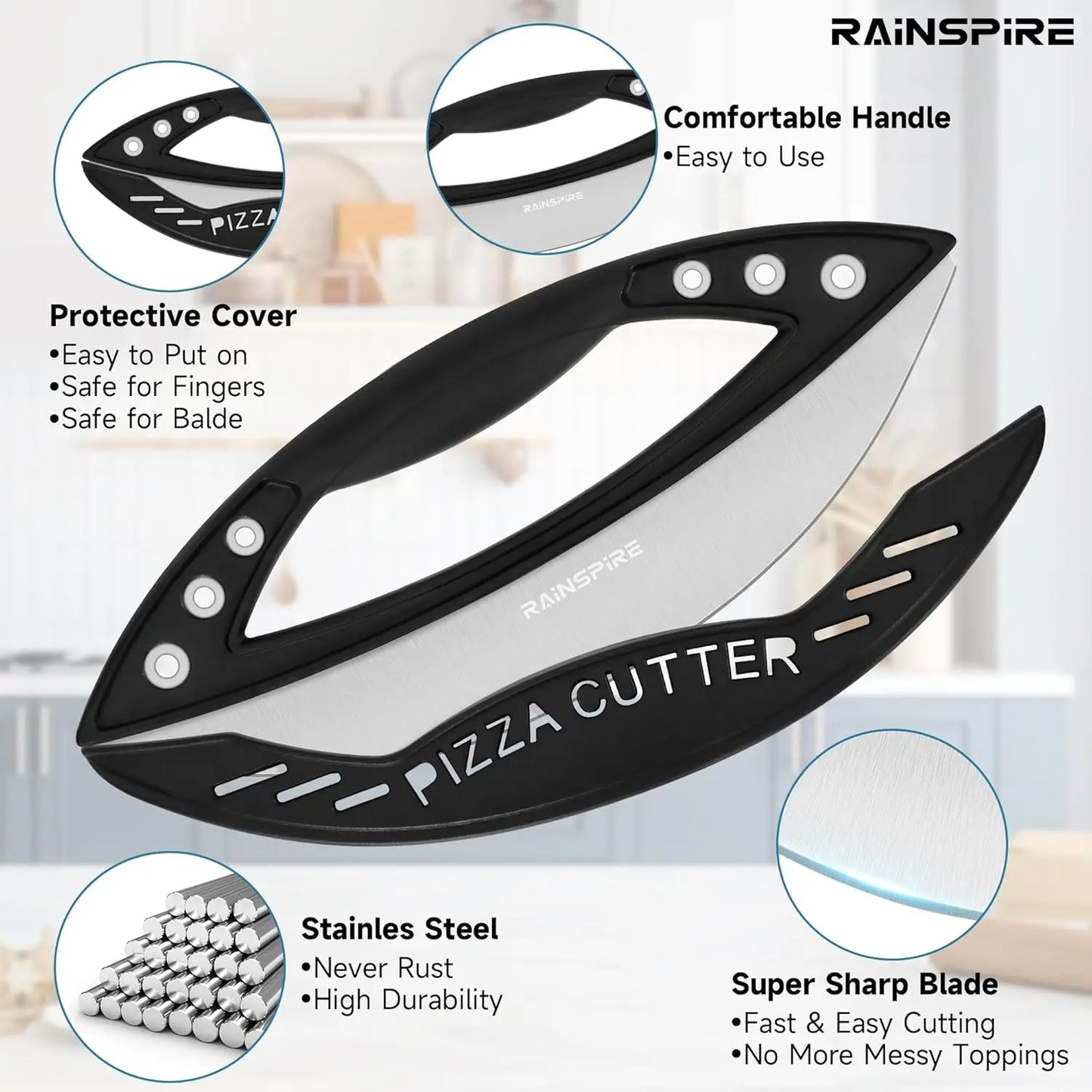 Stainless Steel Pizza Cutter Rocker with Cover, Sharp Blade, Dishwasher Safe Kitchen Tool for Easy Slicing