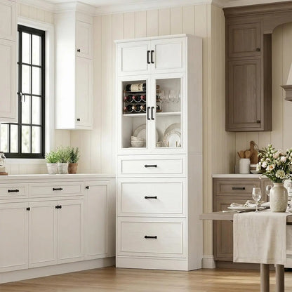 80" Tall Kitchen Pantry Storage Cabinet with Glass Doors, Adjustable Shelves & 3 Drawers, Versatile Tall Storage, Custom