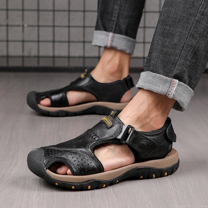 2025 Large-Size Leather Men's Shoes Summer Sandals Casual Outdoor Head Beach Shoes Comfortable Breathable Hollow Velcro Patch