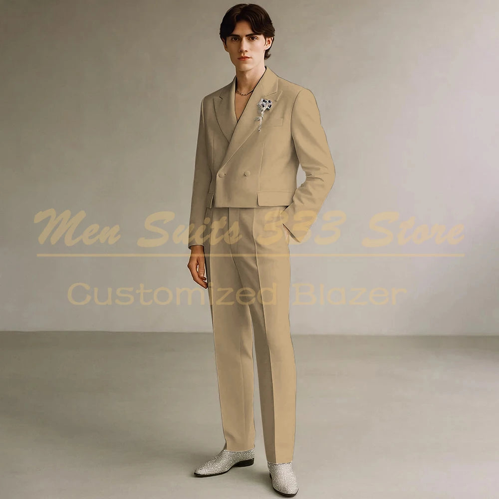 Cropped Men's Suits Formal Wedding Groomsmen 2 Piece Jacket Pants Sets Fashion Male Clothing High Quality Male Clothing Costume