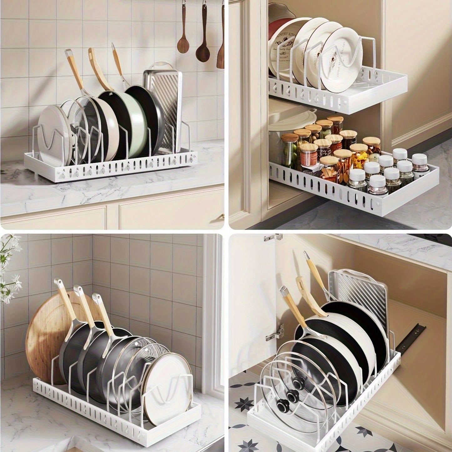 Pull-out Cookware Frying Pan Storage Rack with 8 Adjustable Dividers Pot Lid Holder Under Cabinet Kitchen Organizer