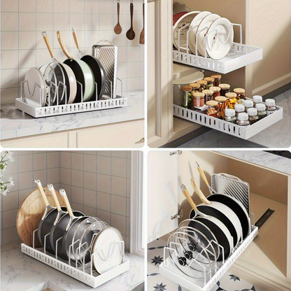 Pull-out Cookware Frying Pan Storage Rack with 8 Adjustable Dividers Pot Lid Holder Under Cabinet Kitchen Organizer