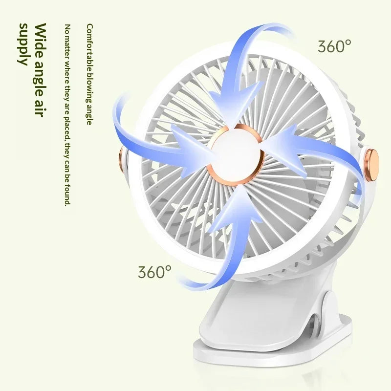 Portable Clip On Fan With LED Light, 720° Rotation Mini USB Rechargeable Fan, 5 Speed Quiet Cooling Fan For Home Office Camping