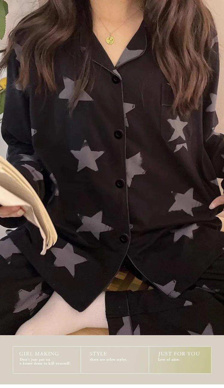 Korean Style Long-Sleeved Pajamas Set for Women Spring Autumn Homewear Comfortable Ladies Sleepwear Student Senior Casual Outfit