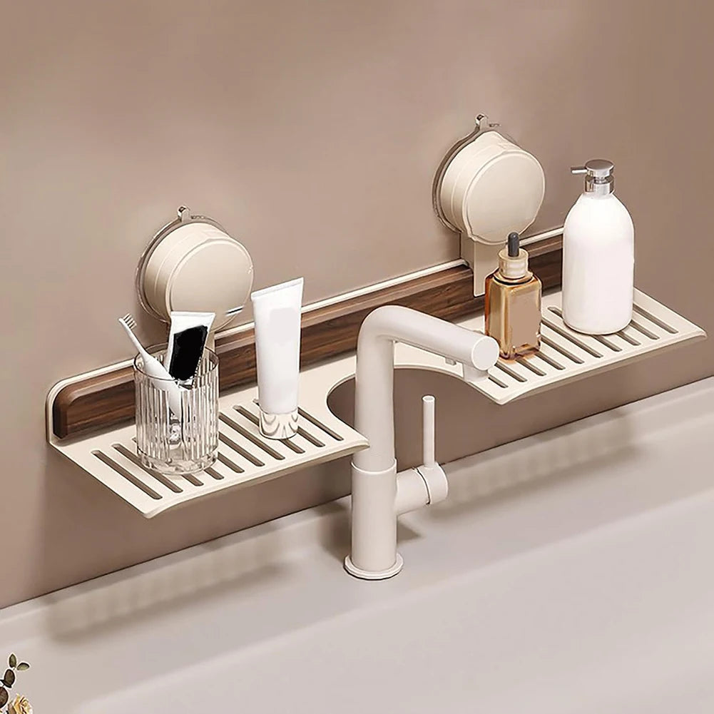 Walnut Suction Cup Bathroom Shelf No Drilling Faucet Organizer Rack Over Faucet Sink Rack Bathroom Accessories