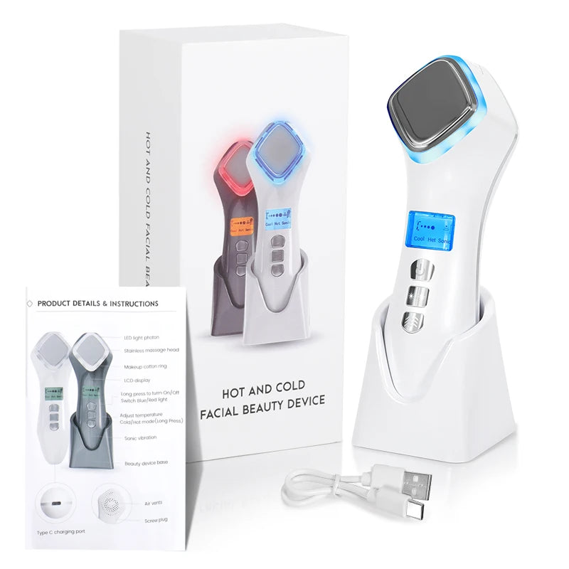 Hot & Cold Face Beauty Device with Red Blue Light Sonic Vibration Deep Cleansing Anti Aging Facial Lifting Massager for Home Use