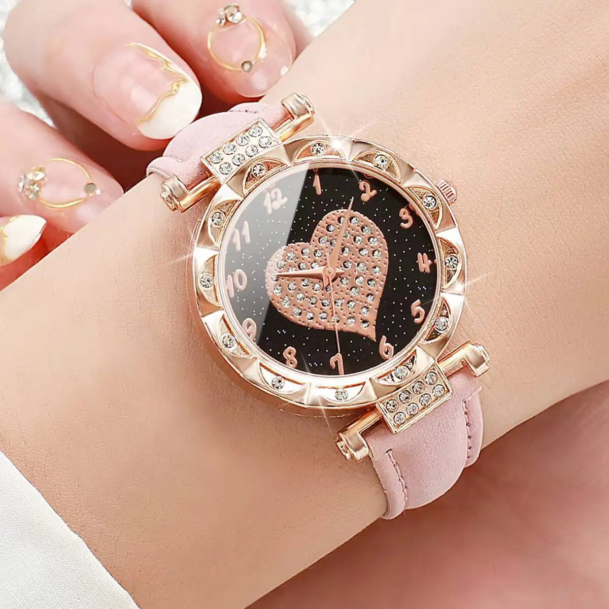 3PCS Women Watches Set Fashion Rhinestone Heart Dial Quartz Watch Female Leather Strap Wristwatch Reloj Mujer（Without Box）