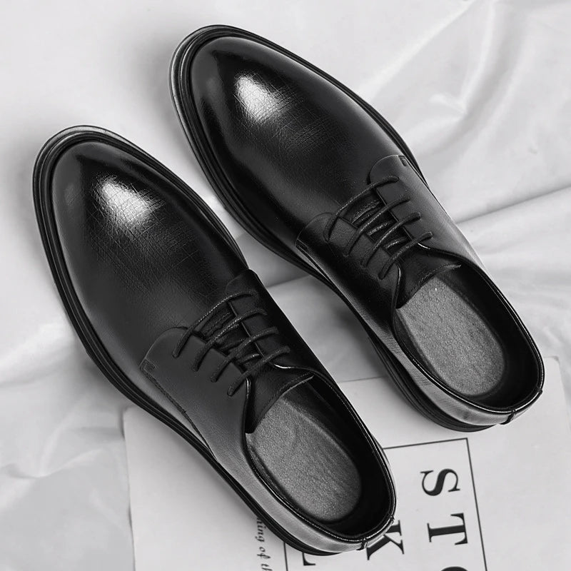 Mens Black Vintage Genuine Leather Lace Up Formal Business Office Groom Wedding Daily Wear Dress Shoes Simple British Style