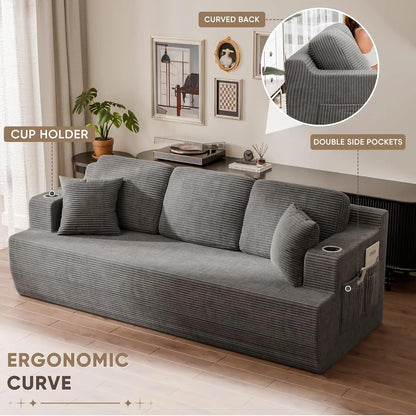 87in Corduroy Deep Seat Sofa with 2 Pillows Cup Holder Storage Pocket Living Room Grey Custom