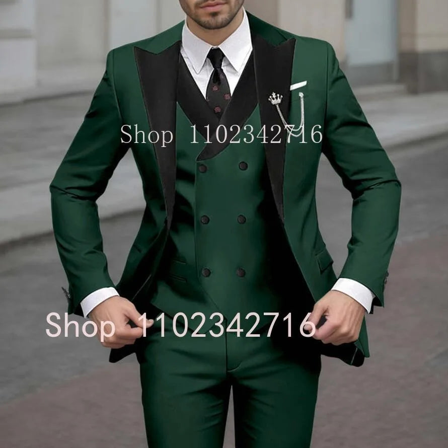 New Classic Beige Single Breasted Suits For Men Black Lapel Slim Fit Wedding Suit Groomsmen Formal Prom Party Suits 3 Piece Sets