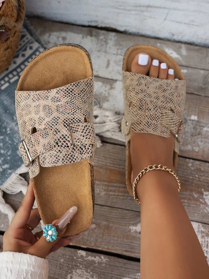 Women's Casual Retro Animal Snake Print Slippers and Sandals - Stylish Buckle Single-Strap Design, Non-Slip Pvc Sole, Comfortable Pu Upper, Suitable for Casual Beach Wear, Indoor and Outdoor Outfits, Spring and Summer Series