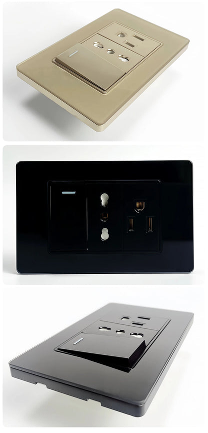 118*75mm TEMPERED GLASS SWITCH PANEL Wall Socket with USB Type - C, Grey US Switch, Thai Plug for Home & Office Use