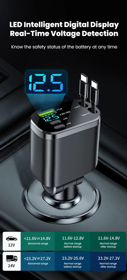 Elough Digital Display Car Charger with Retractable Cable PD Car Fast Charger for iPhone Xiaomi Huawei Samsung