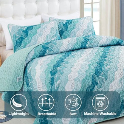 Summer Quilt Set Size Ocean Beach Themed Bedding Set Seawave Seashell Conch Starfish Microfiber Lightweight Bedspread Coverlet