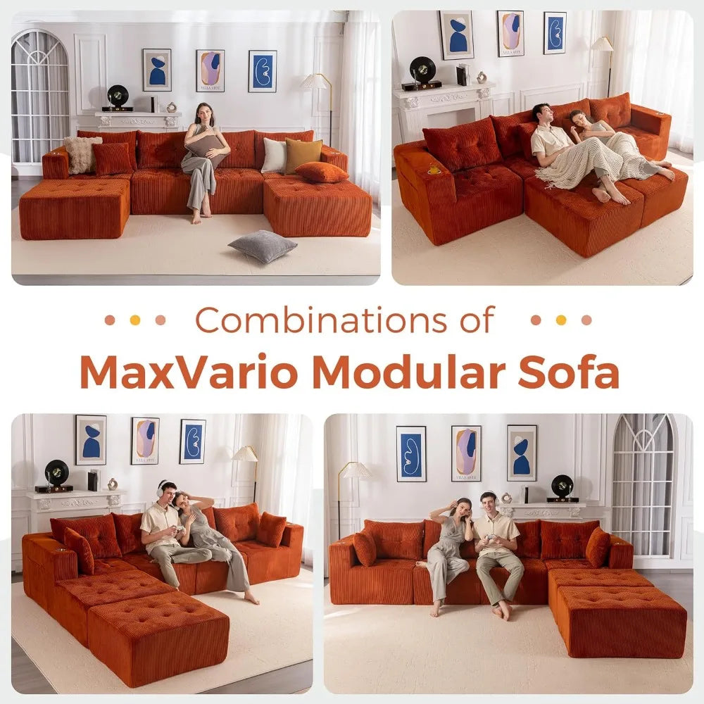129.5" U Shaped Modular Sectional Sofa 2 Ottomans Tufted 6 Seat Cloud Sleeper Chair Living Room No Assembly, Custom