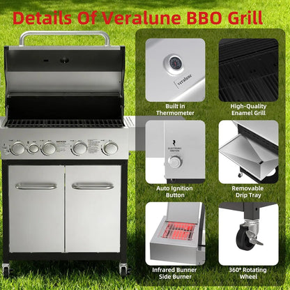 4 Burner Gas Grill with Side Burner, 4 Burner Outdoor Cooking Grill with Infrared Side Burner, Outdoor BBQ Grill, Customized