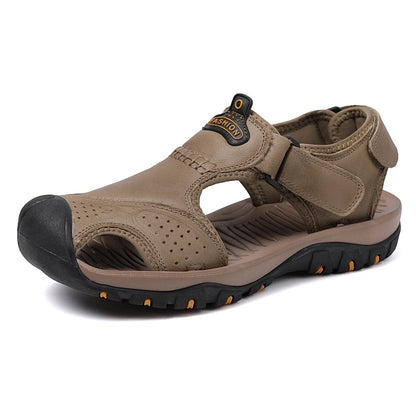 2025 Large-Size Leather Men's Shoes Summer Sandals Casual Outdoor Head Beach Shoes Comfortable Breathable Hollow Velcro Patch