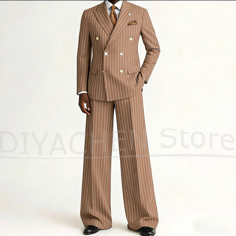 Men's Striped Double Breasted Suit Set Fashion Peak Lapel Formal Outfits 2 Piece Wedding Business Events Casual Male Suit