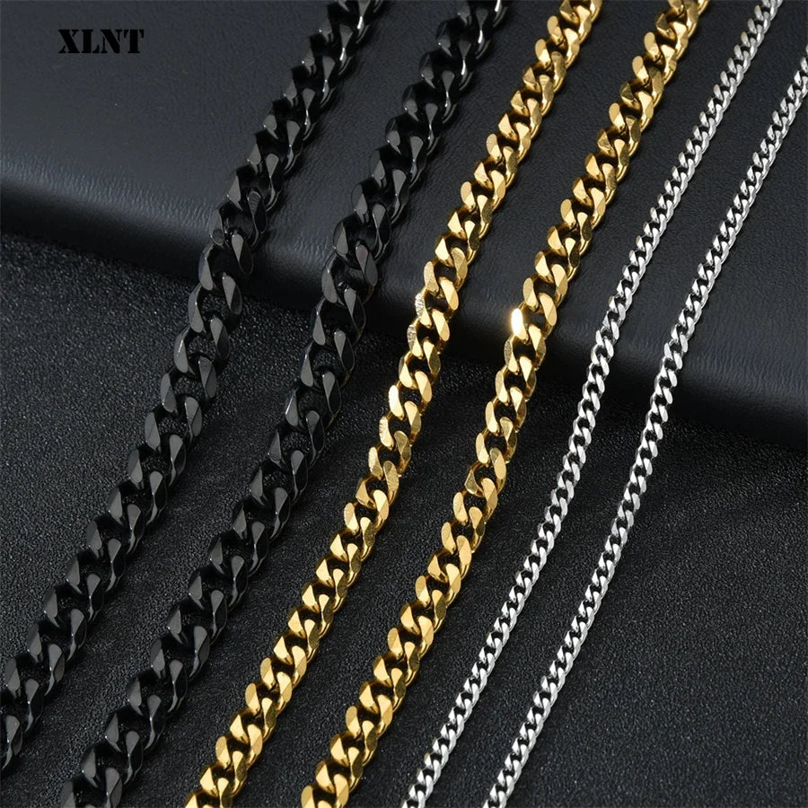 3/5/7/9/11mm Men's Silver Color Necklace Stainless Steel Cuban Link Chain for Mens Womens Basic Black Gold Tone Chokers