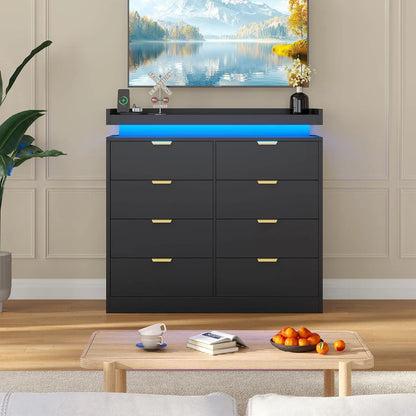 Modern Large Wooden 8 Drawer Bedroom Dresser, Storage Chest Integrated with LED Lights and Convenient Power Outlet, Customized