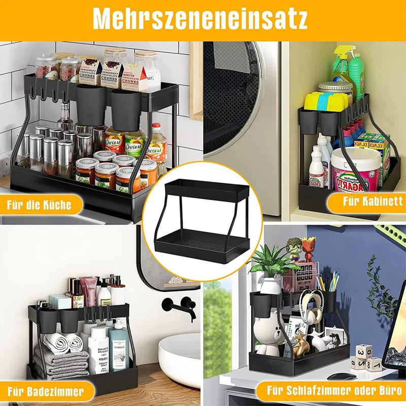 Double Layer Sliding Under Sink Storage Rack with Hanging Hooks Multifunctional Kitchen Bathroom Cabinet Organizer Rack