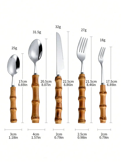 30pcs/Set Stainless Steel Cutlery Set With Natural Bamboo Handles School Supplies,Christmas Gift