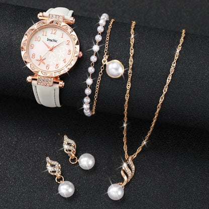 5/6PCS Fashion Rhinestone Women Watches Casual Leather Band Quartz Watch for Women Clock Jewelry Set Reloj Mujer（Without Box）
