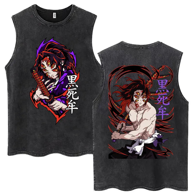 Washed Anime Demon Slayer Hashibira Inosuke Mask Face Tank Tops Men Women Vintage Fashion Cotton Sleeveless T Shirts Streetwear
