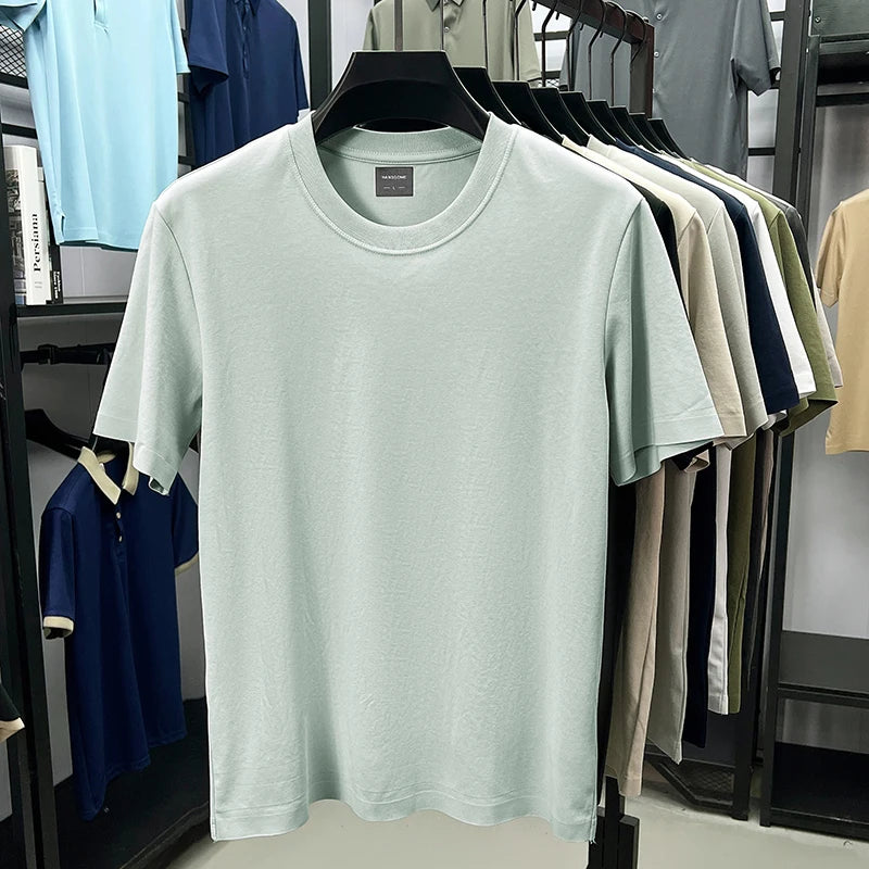 High quality luxury short sleeve T-shirt summer breathable cool silk cotton fashion solid color round neck top casual men's wear