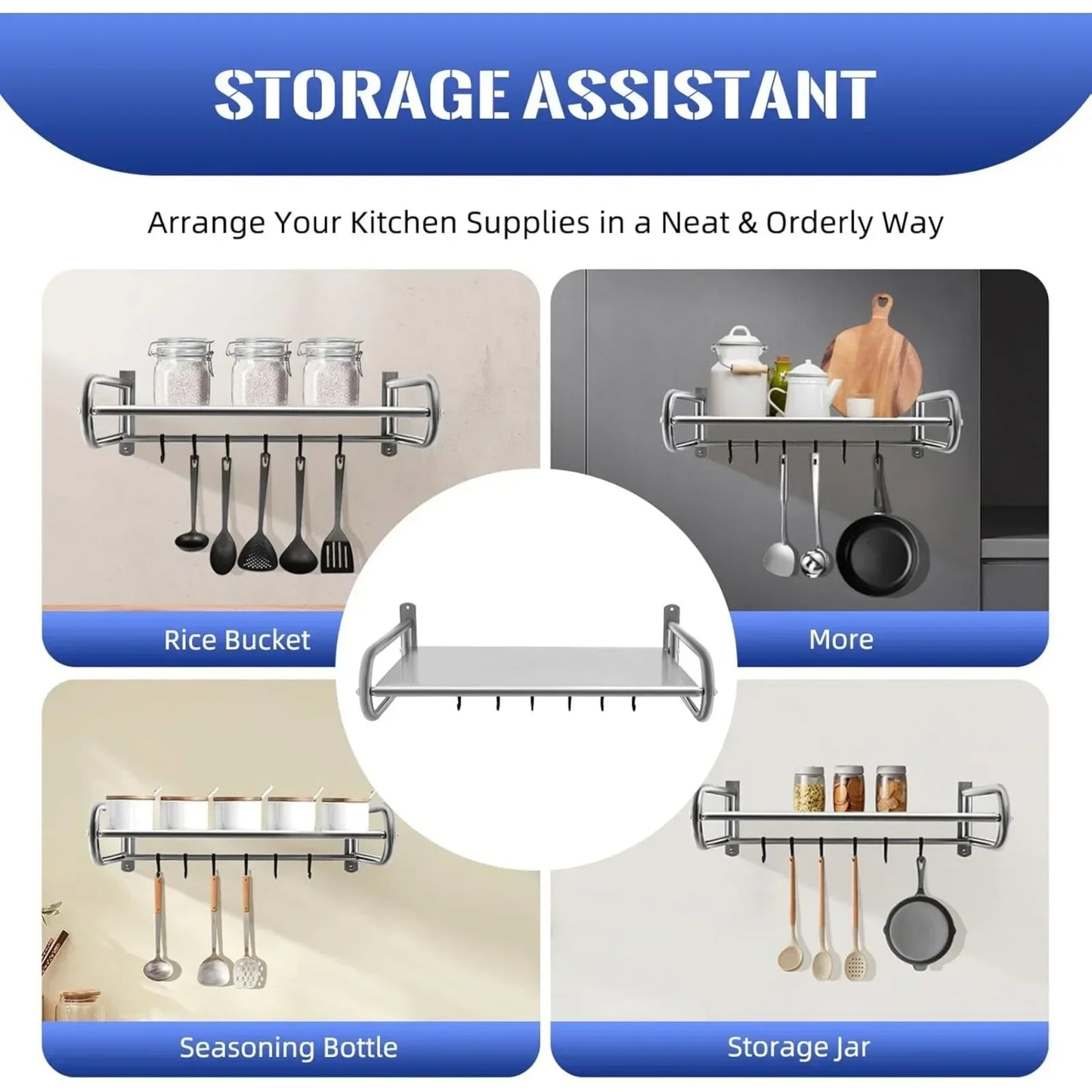 Stainless Steel Microwave Utensils Shelf Wall Mount with 6 Hooks, Heavy Duty Kitchen Organizer Rack for Bathroom Pantry Storage