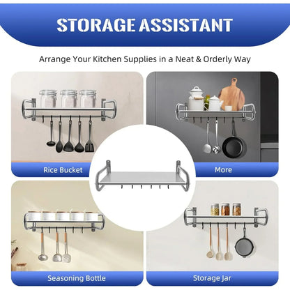 Stainless Steel Microwave Utensils Shelf Wall Mount with 6 Hooks, Heavy Duty Kitchen Organizer Rack for Bathroom Pantry Storage