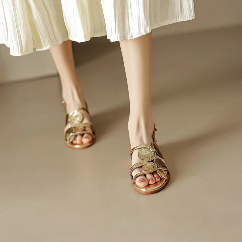 Women's New Round Head Spring/Summer Genuine Leather Sheepskin Spliced Low Heel Large Size Elastic Open Toe Sandals