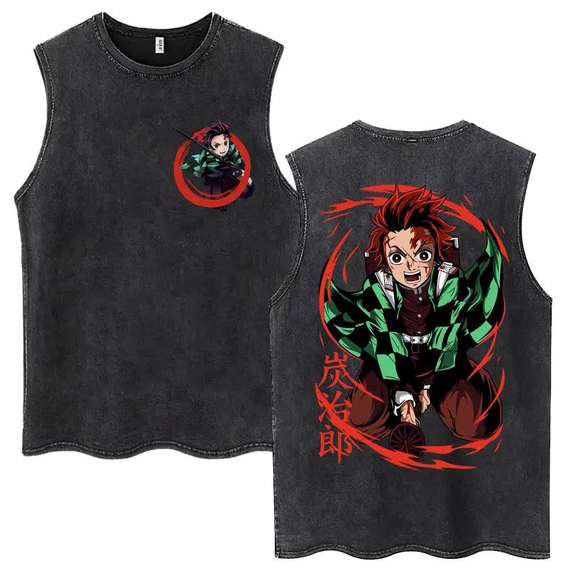 Washed Anime Demon Slayer Hashibira Inosuke Mask Face Tank Tops Men Women Vintage Fashion Cotton Sleeveless T Shirts Streetwear
