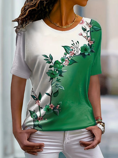 Lady T Shirts Crew Neck Short Sleeve Gradient Purple Flower Branch Print T Shirt Women's Outfits Casual Streetwear Cool Clothes