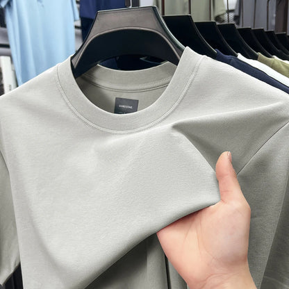 High quality luxury short sleeve T-shirt summer breathable cool silk cotton fashion solid color round neck top casual men's wear