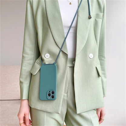 Crossbody Necklace Lanyard Cord Strap Liquid Silicone Case For iPhone 17 16 15 13 11 12 14 Pro Max XS XR X Plus Soft Candy Cover