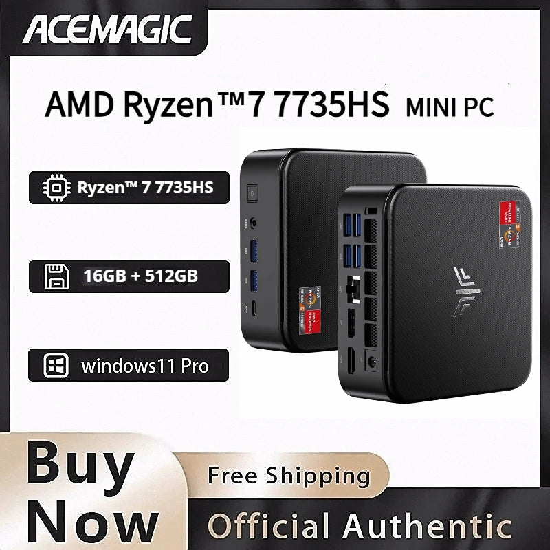 AMD Ryzen 7 7735HS Mini PC, 16GB LPDDR5 512GB NVMe SSD Triple 4K Display Mini Computer WiFi 6 BT 5.2 Preinstalled Windows 11 Pro