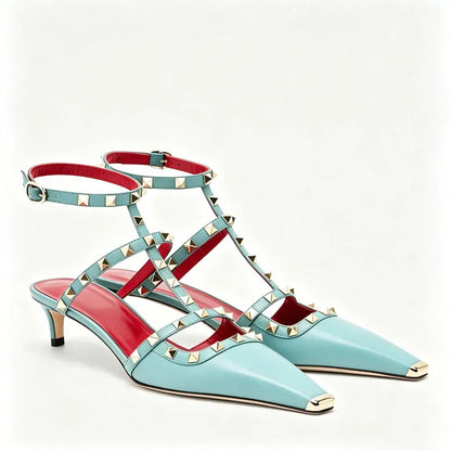Summer Square Headed Rivet High-heeled Women's Sandals, Fashionable and Sexy Women's Party T-table Women's Plus Size Sandals